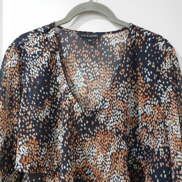 Zac & Rachel Navy Multicolor Polka Dot Long Sleeve  V Neck Blouse, Semi Sheer, L - Picture 4 of 15